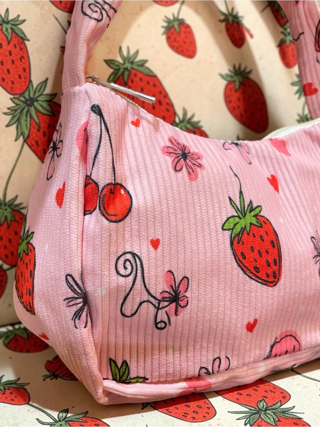 Pink - Strawberry & Cherry Print - Underarm - Tiny Shoulder Bag